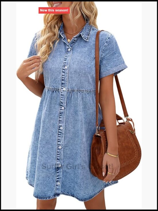 Dresses & Skirts - Denim Babydoll Dress Women Short Sleeve Flowy Tiered Jean Dress Casual